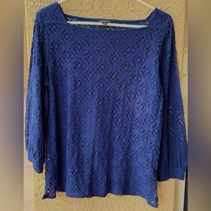 Ann Taylor 3/4 sleeve navy blue lace blouse Sz L lace detail